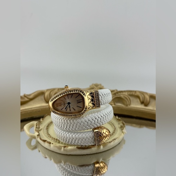 White Braided Wrap Watch with Gold & Crystal Accents – Bracelet Style - Picture 3 of 9
